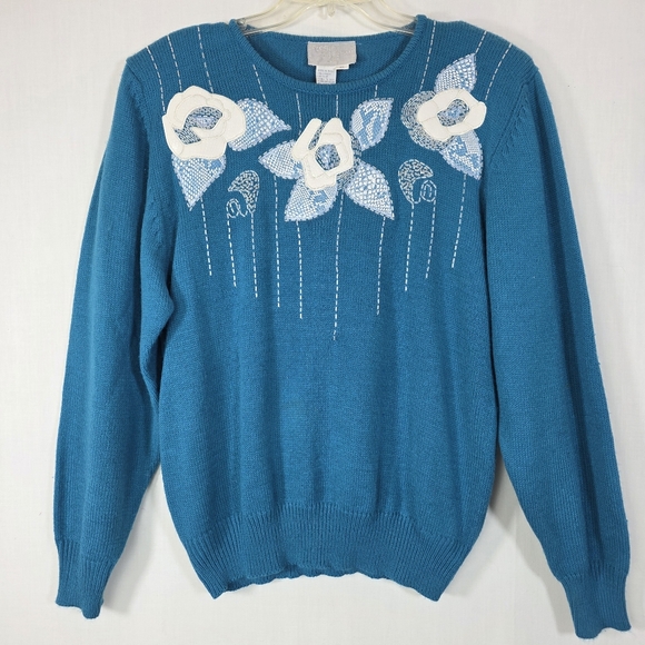 Regency Collection Sweaters - VTG 80s Regency Collection for Joyce Teal Floral Applique Sweater XL